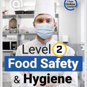 Chef in traditional white uniform working in a professional kitchen, representing the Level 2 Food Hygiene Course, with course details displayed, emphasising cleanliness, food safety, and hygiene standards.