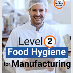 Smiling food manufacturer wearing a white coat in a production facility, representing the Level 2 Food Hygiene Course for manufacturers, emphasizing safe food handling and hygiene compliance