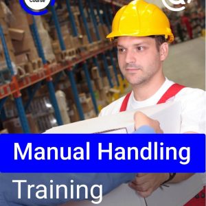 Poster showing a worker wearing a yellow hard hat, carrying a box in a factory setting, demonstrating proper manual handling techniques to prevent injury.