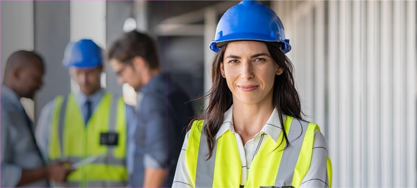A female worker wearing a high-visibility vest and a blue safety helmet, standing confidently on a construction site.